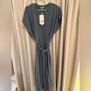 Zara Jersey Knit Blue Women’s Belted Midi Dress M